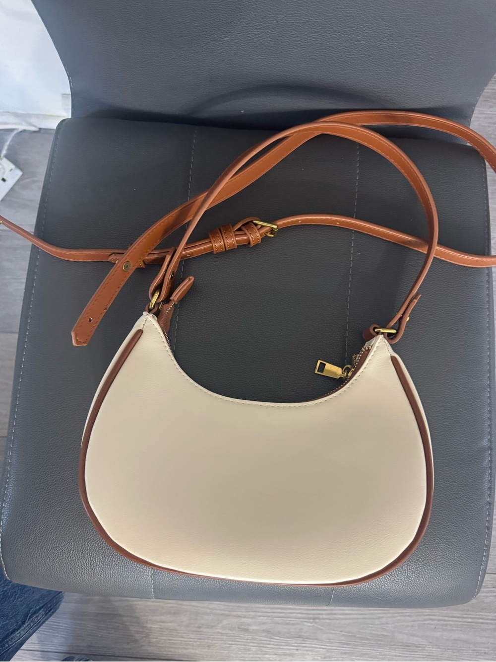 Leather Crescent Crossbody Bag in Cream and Brown